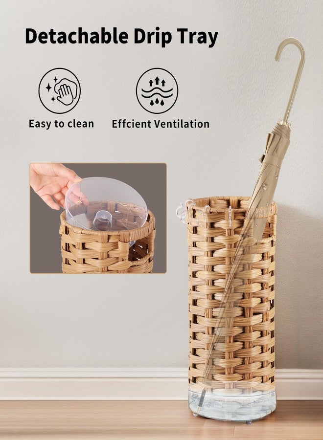 حامل مظلات من الخيزران من WAOHANAZ، حامل مظلات للمدخل، منظم مظلات منسوج يدويًا قائم بذاته، مع صينية تجميع قابلة للفصل، 4 خطافات، 7.5 بوصة طول × 7.5 بوصة عرض × 16.5 بوصة ارتفاع - Image 5